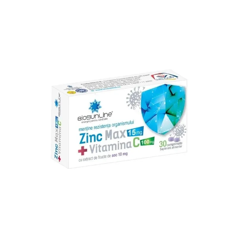 BioSunLine Zinc Max 15 mg cu vitamina C si fructe de soc negru