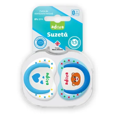 Suzeta din silicon, cu cutie de sterilizare, 0-6 luni, design baiat, 2 bucati, Adora