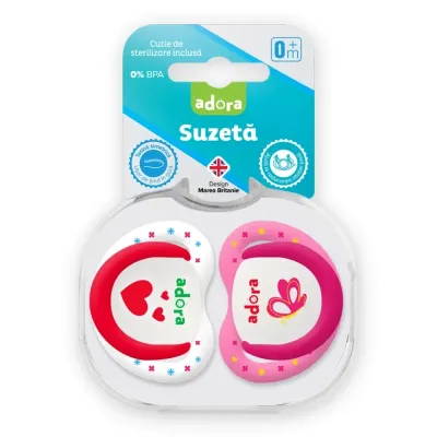 Suzeta din silicon, cu cutie de sterilizare, 0-6 luni, design fata, 2 bucati, Adora