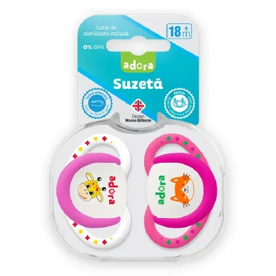 Suzeta din silicon, cu cutie de sterilizare, 18 luni +, design fata, 2 bucati, Adora 
