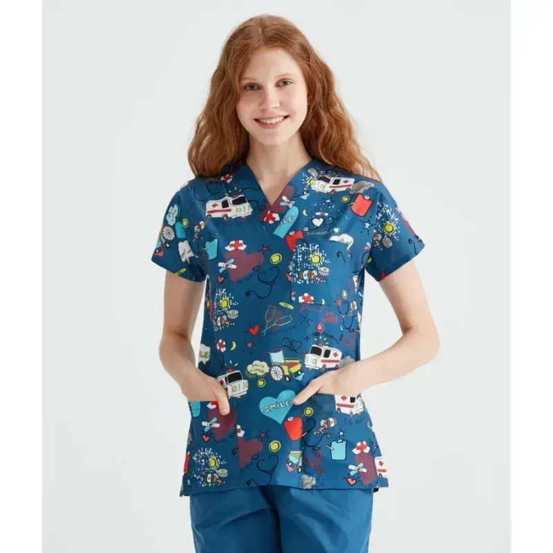 Bluza medicala albastra cu imprimeu