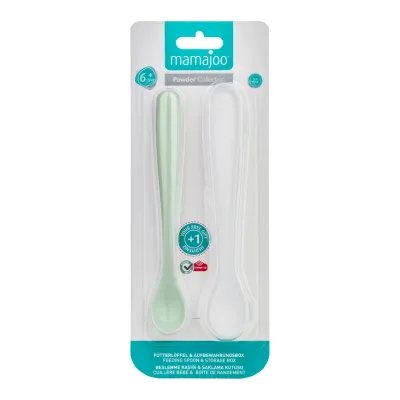 Set Linguri hranire, verde praf / alb si cutie de depozitare transparenta, 1 bucata, Mamajoo 
