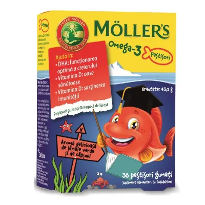 Pestisori gumati cu Omega-3 aroma capsuni, 36 jeleuri, Moller