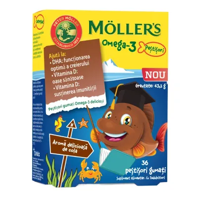 Pestisori gumati cu Omega-3, aroma cola, 36 jeleuri, Moller