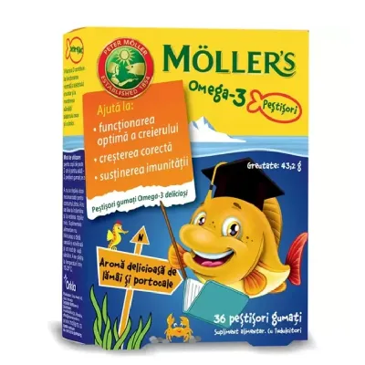 Pestisori gumati cu Omega-3, aroma portocala, 36 jeleuri, Moller
